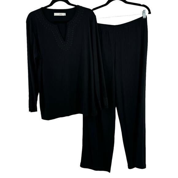 I Magnin 2 Piece Set M Black Long Sleeve Top Elastic Waist Pants Embroidered - Picture 1 of 15